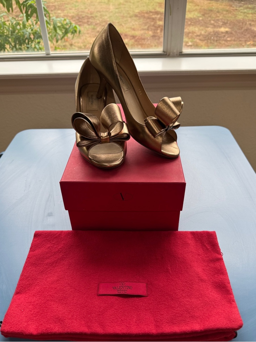 Valentino Metallic Gold Bow Peep-Toe Pumps